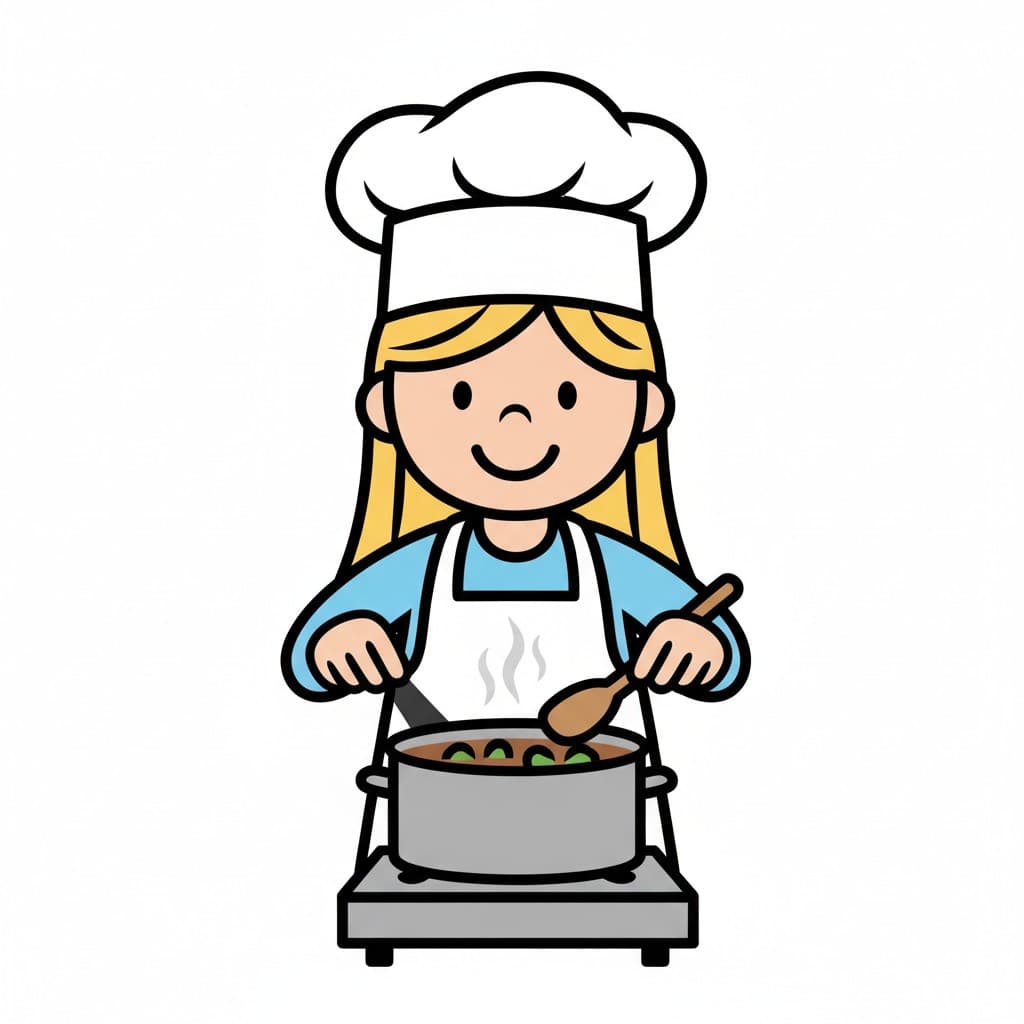 A girl in a chef hat and apron holds a ladle and a wooden spoon over a steaming pot on a hotplate.