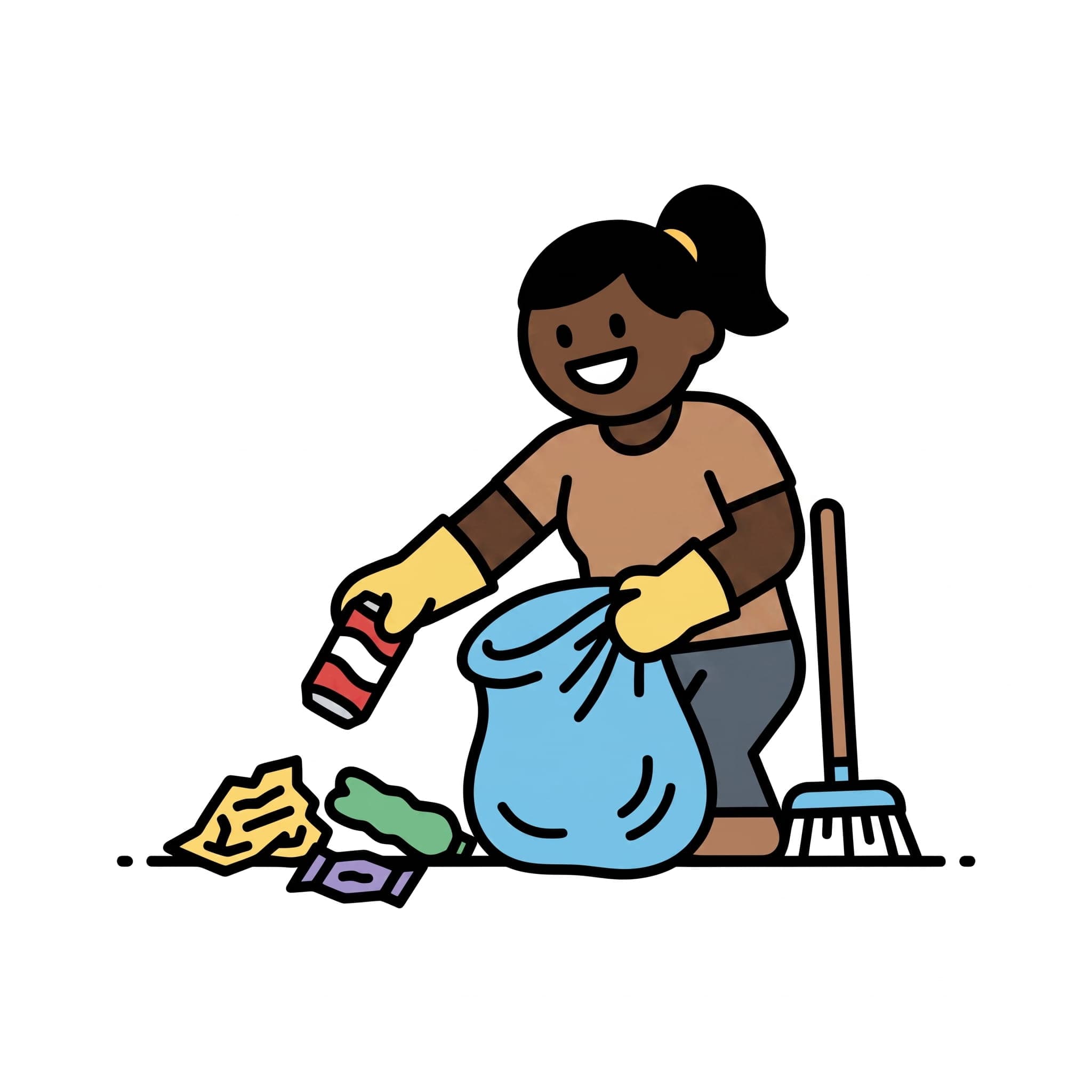 A girl with a ponytail and yellow rubber gloves drops a can into a blue bin bag while more litter lies on the floor and a broom stands beside her.