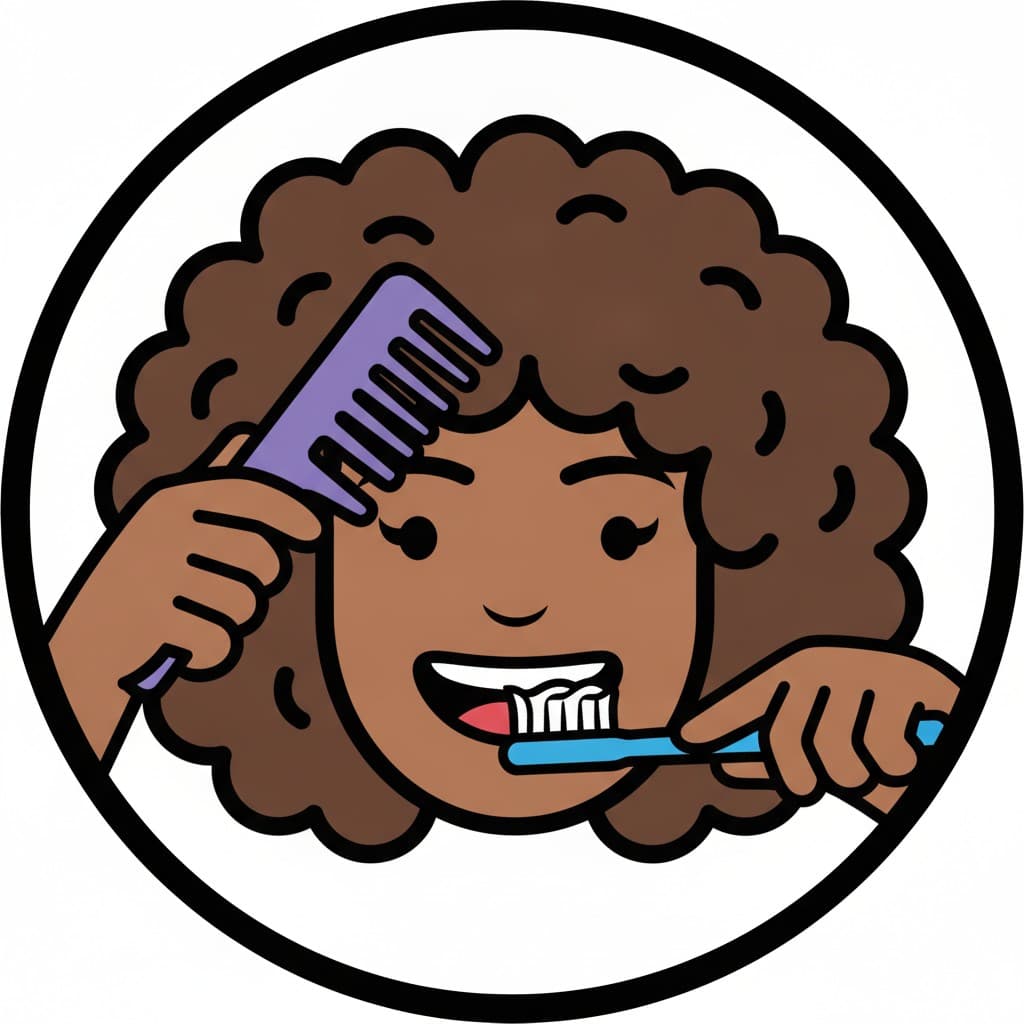 A girl combs her curly hair with a comb and brushes her teeth with a toothbrush.