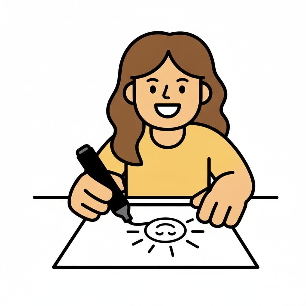 At a table, a cheerful girl draws a sun with rays on a sheet of paper using a black marker.