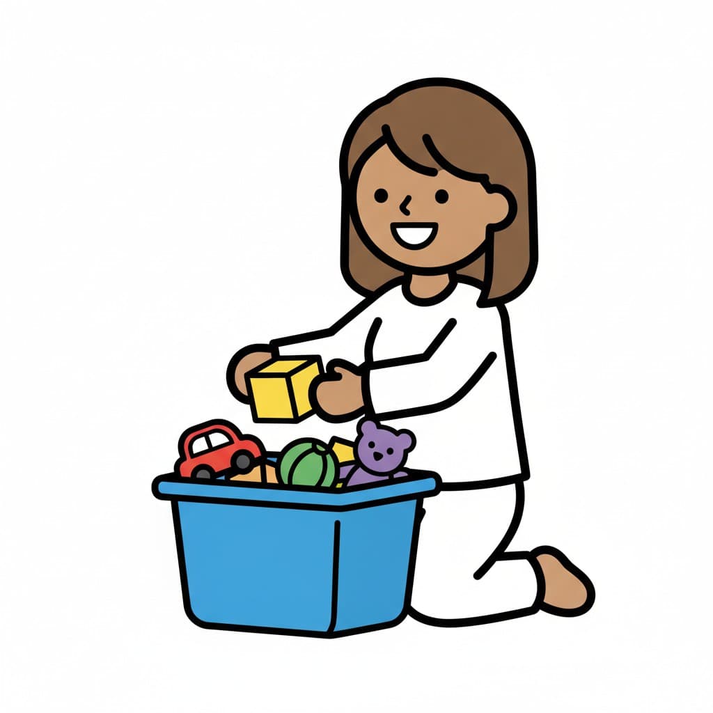 A smiling girl in white clothes kneels and lowers a yellow block into a blue crate that already holds a car, a ball and a teddy bear.