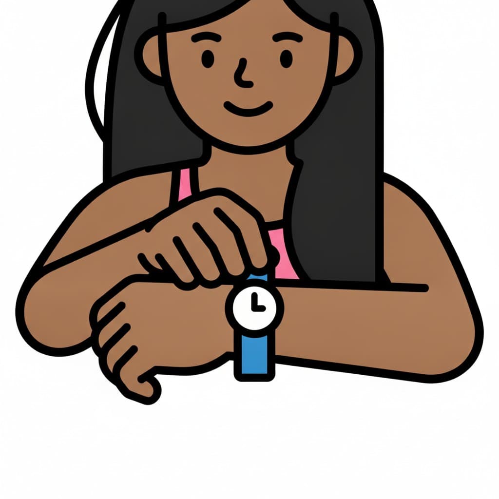 A girl with long hair puts on a wristwatch with a blue strap and a round white face.