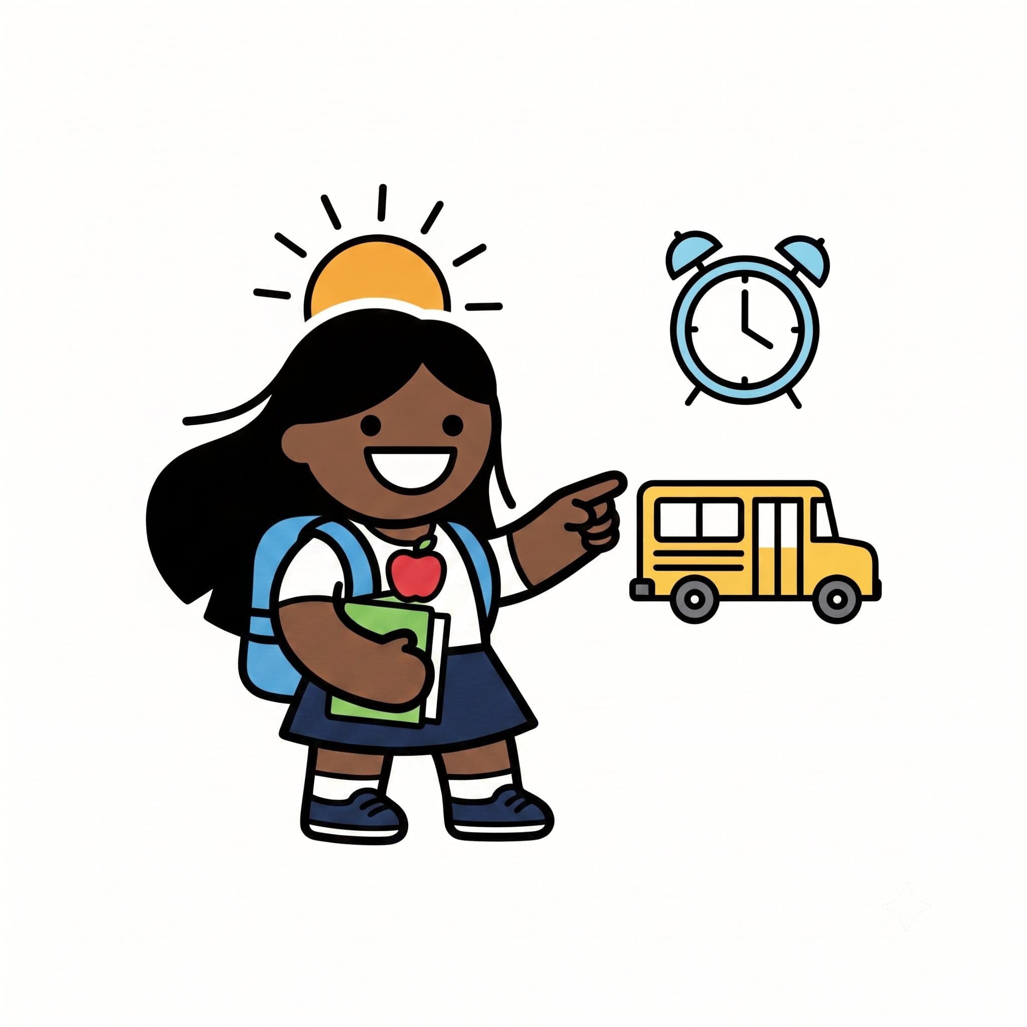 A girl with a backpack and books points towards a school bus while a sun and an alarm clock are shown beside her.