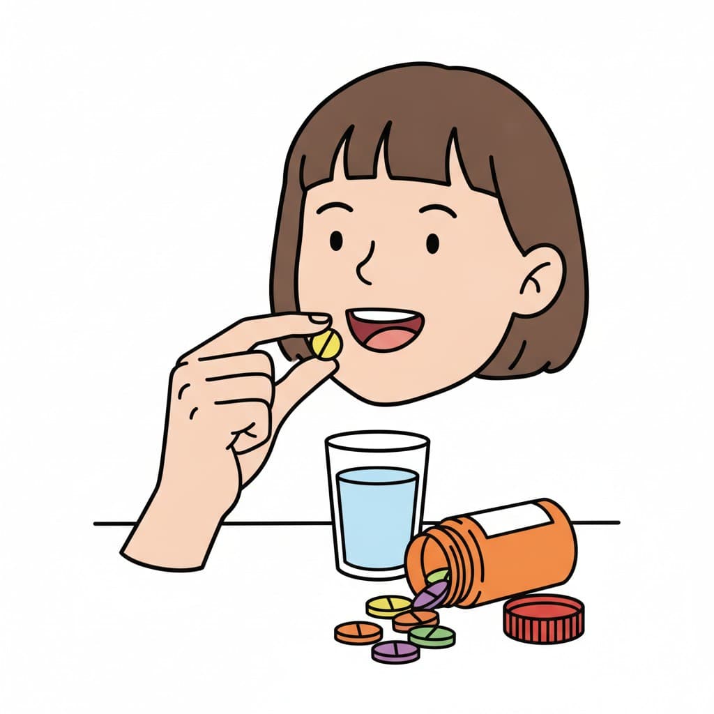 A girl lifts a yellow vitamin tablet toward her open mouth, with a glass of water and a tipped-over pill bottle on the table.