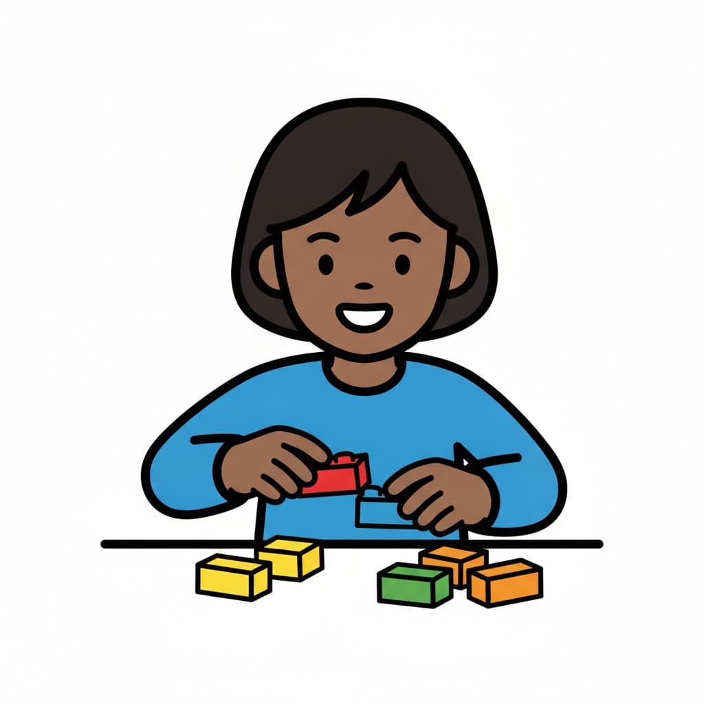 En flicka med page och blå tröja bygger med en röd legobit vid ett bord där gula, gröna och orange bitar ligger utspridda.