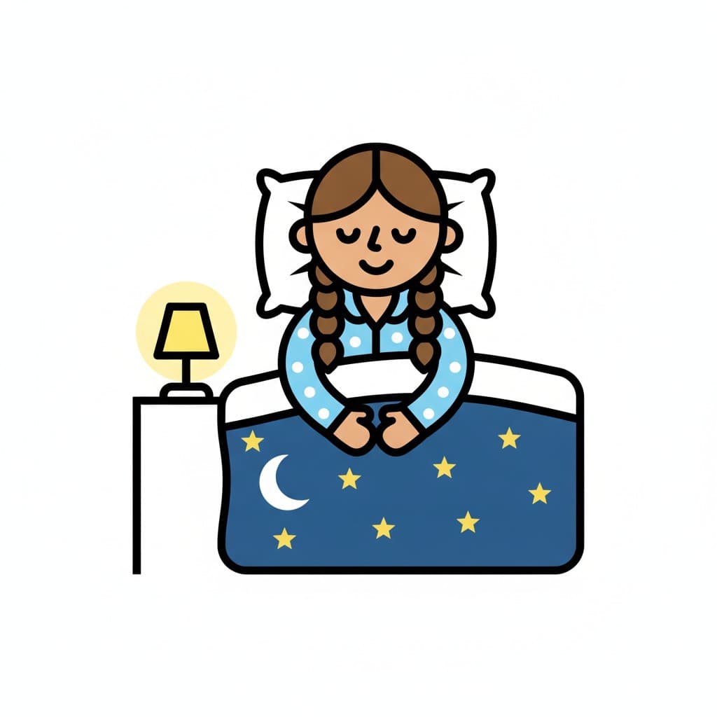 A girl in spotted pyjamas sits in bed with her eyes closed while the bedside lamp glows.