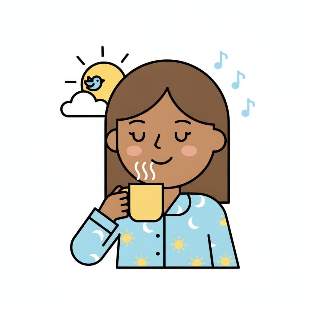 En flicka i pyjamas håller en varm mugg och ler med sol och fågel bakom sig.