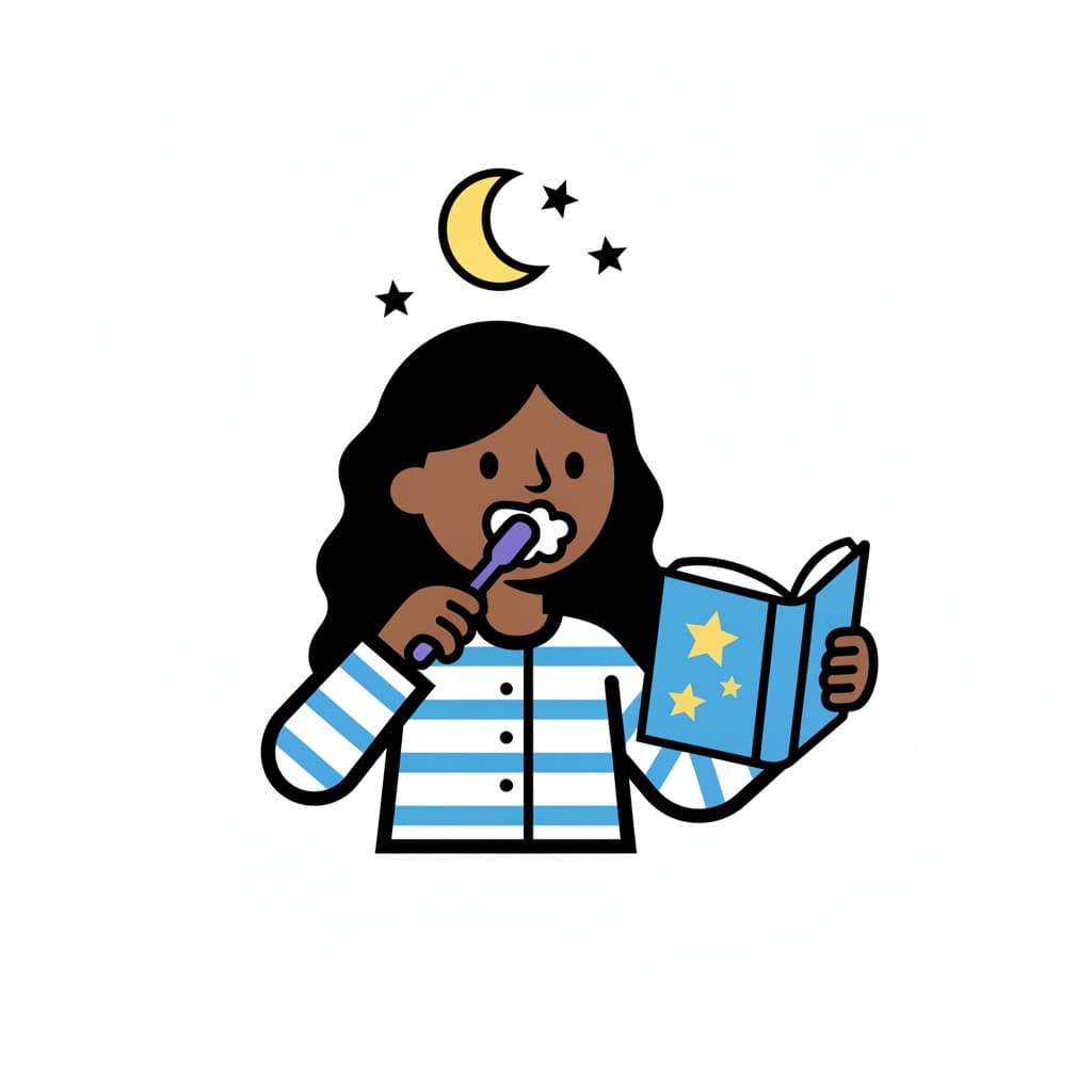Under a crescent moon and stars, a girl in blue striped pyjamas brushes her teeth while holding a blue book covered in stars.