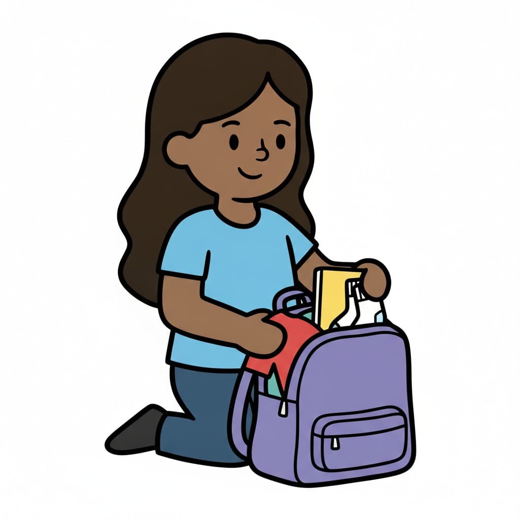 Kneeling on the floor, a girl with long hair tucks a red shirt, a yellow book, and a bottle into a purple backpack.