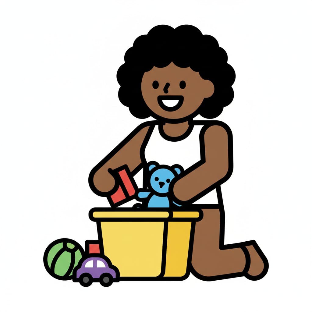 Kneeling on the floor, a girl places a red block and a blue teddy bear into a yellow toy bin while a ball and a purple toy car lie beside it.
