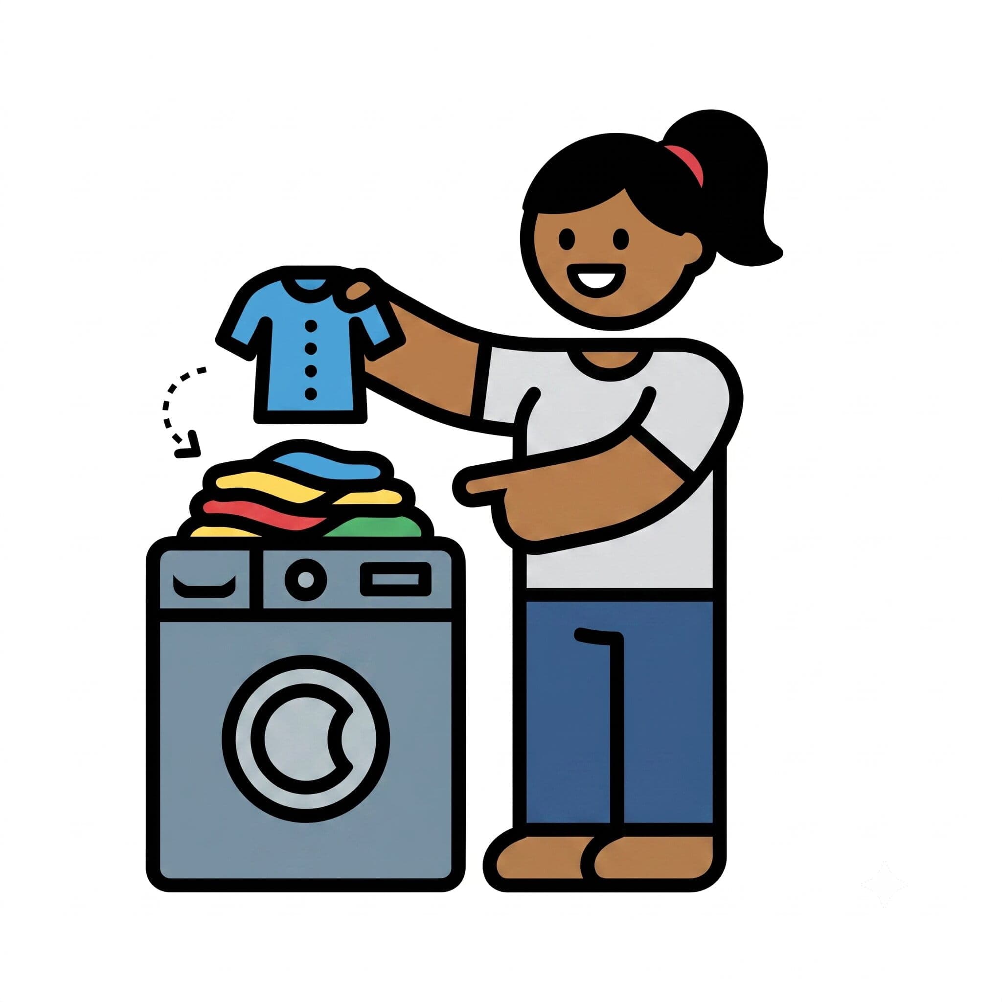 A girl puts a shirt into the washing machine next to a pile of colorful clothes.