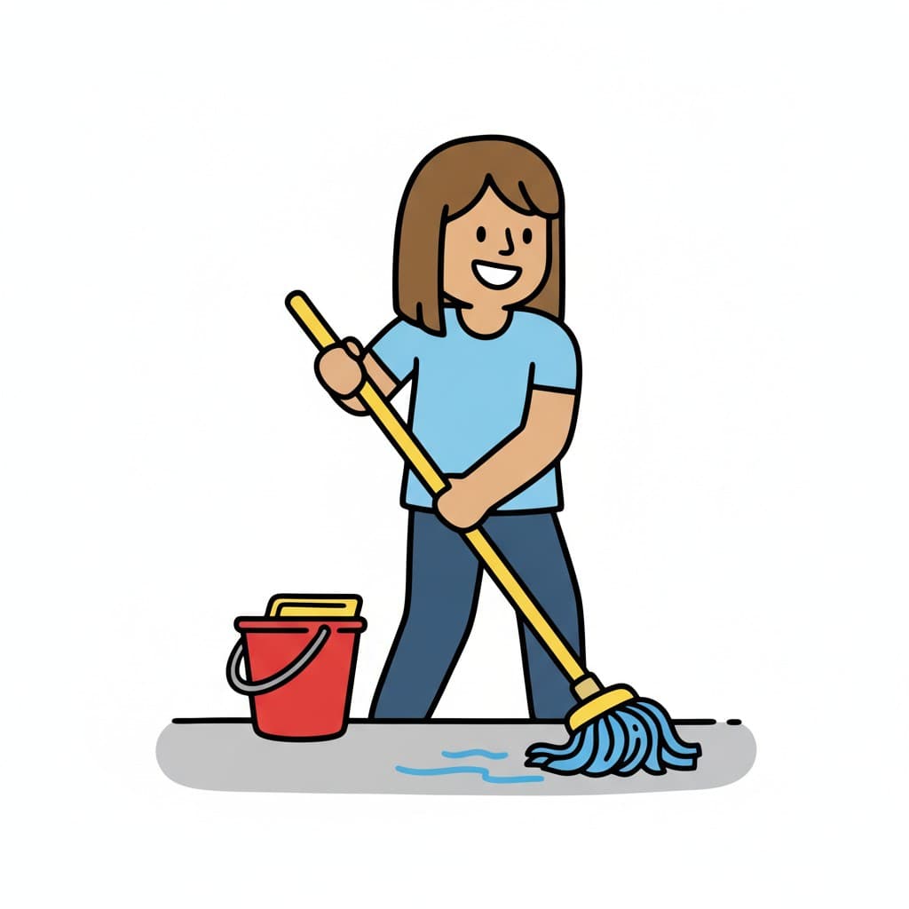 A girl mops the floor with a yellow mop and a red bucket stands beside her.