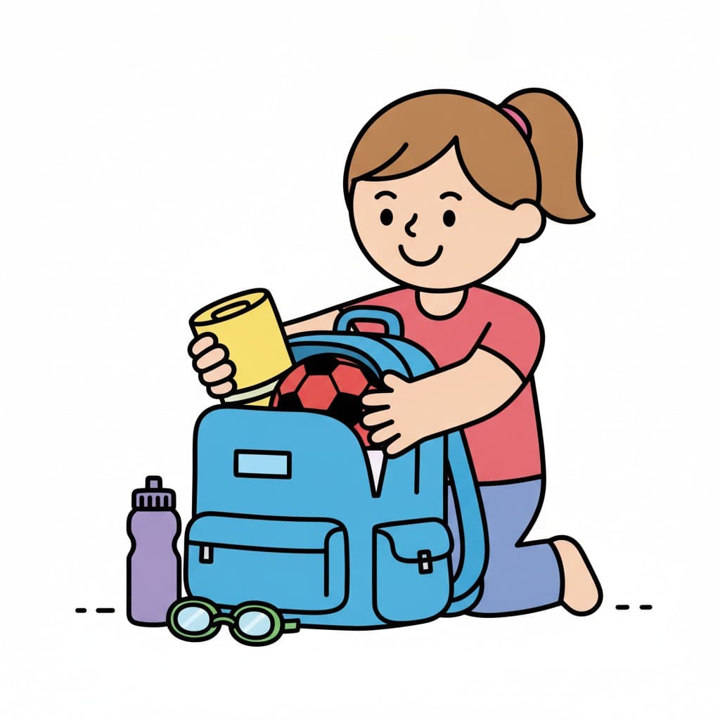 A girl packs a blue backpack with a ball and a rolled towel, and a water bottle and goggles wait on the floor.