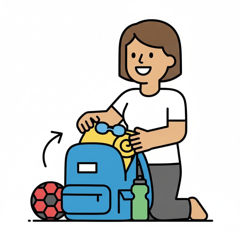 A girl puts a yellow towel and goggles into a blue backpack, with a ball and a green water bottle next to it.
