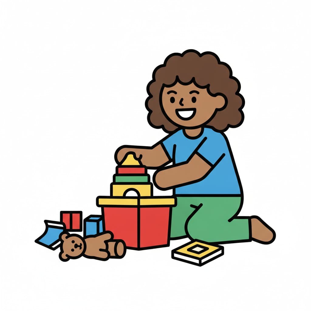 A girl with curly hair puts a stacking ring toy into a red box, with a teddy bear and some blocks beside her on the floor.