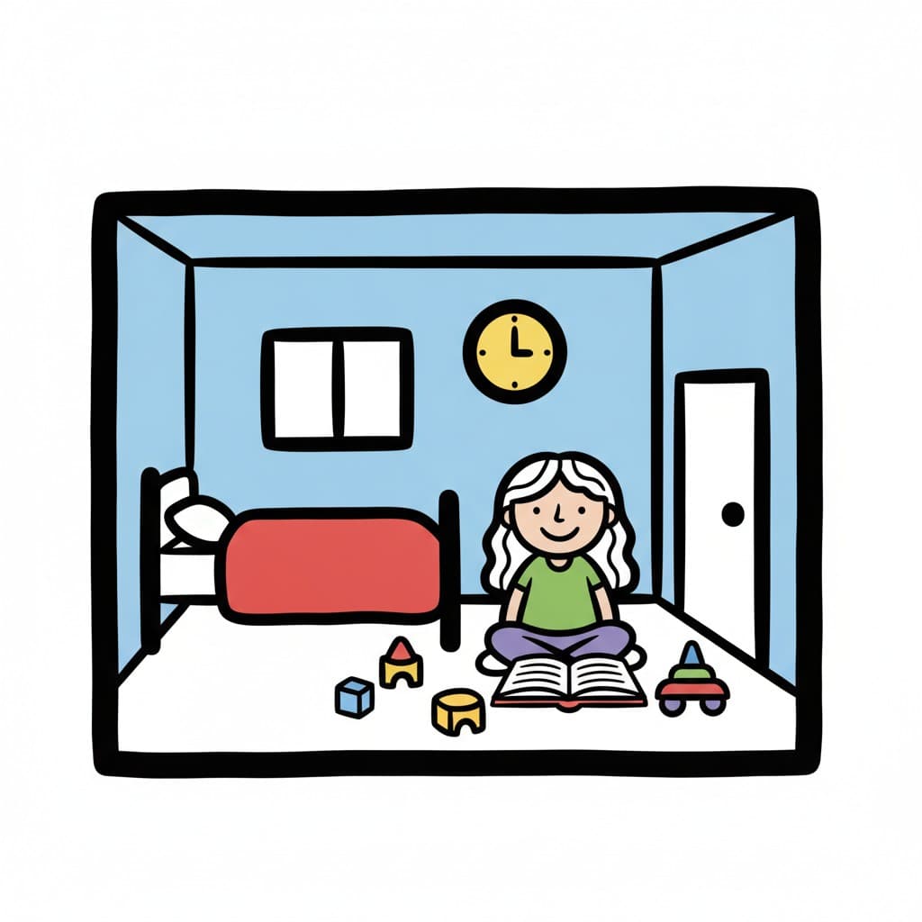 A girl sits on her bedroom floor with an open book and building blocks around her.