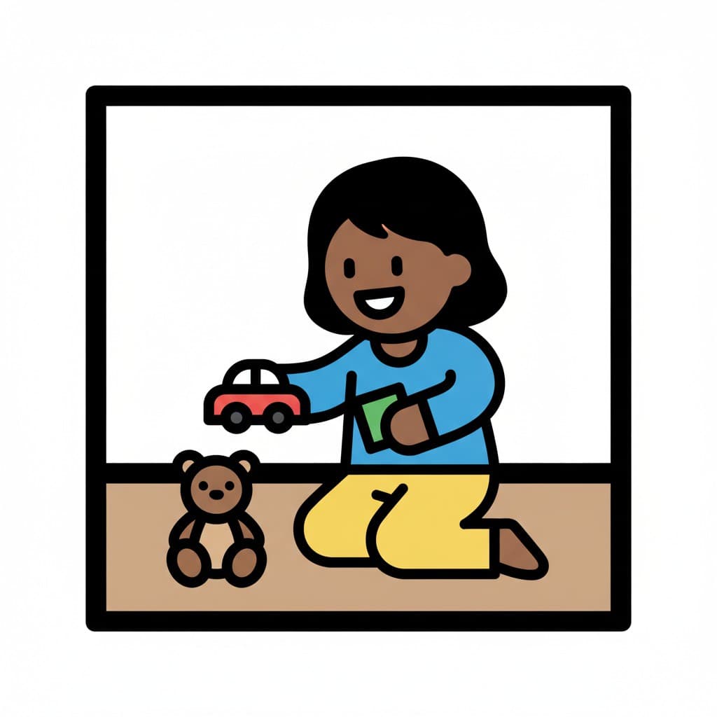 A girl sits on the floor in her room playing with a toy car and a teddy bear.