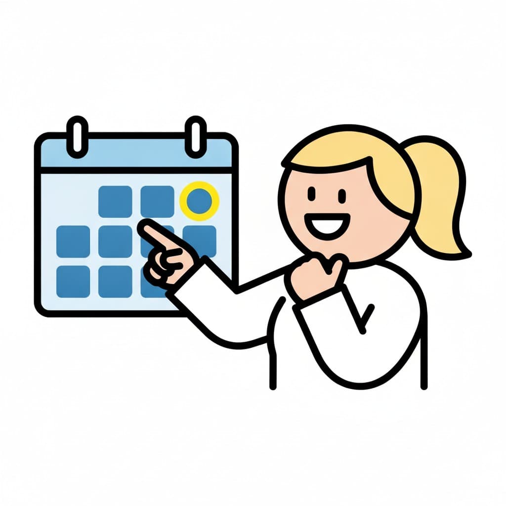 Ein Mädchen zeigt auf einen gelb markierten Tag in einem Wandkalender.