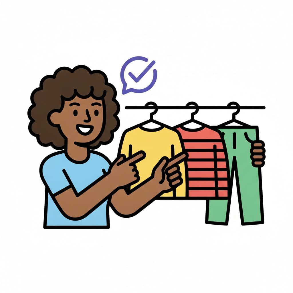 En pige i blå t-shirt peger på en tøjstang med en gul trøje, en stribet trøje og grønne bukser, mens en taleboble med flueben viser, at valget er truffet.