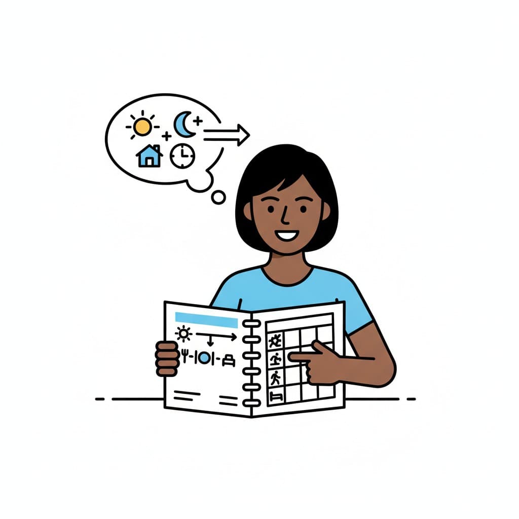 A smiling girl points at a spiral notebook schedule filled with picture symbols, while a thought bubble shows a sun, a moon, a house and a clock.