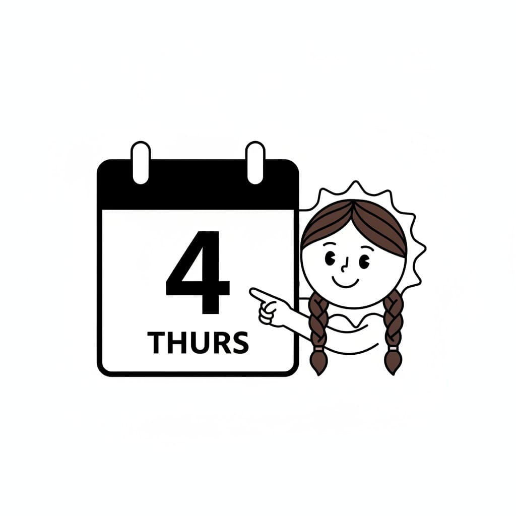 A girl with braids points at a calendar page showing a large number four and the word THURS.