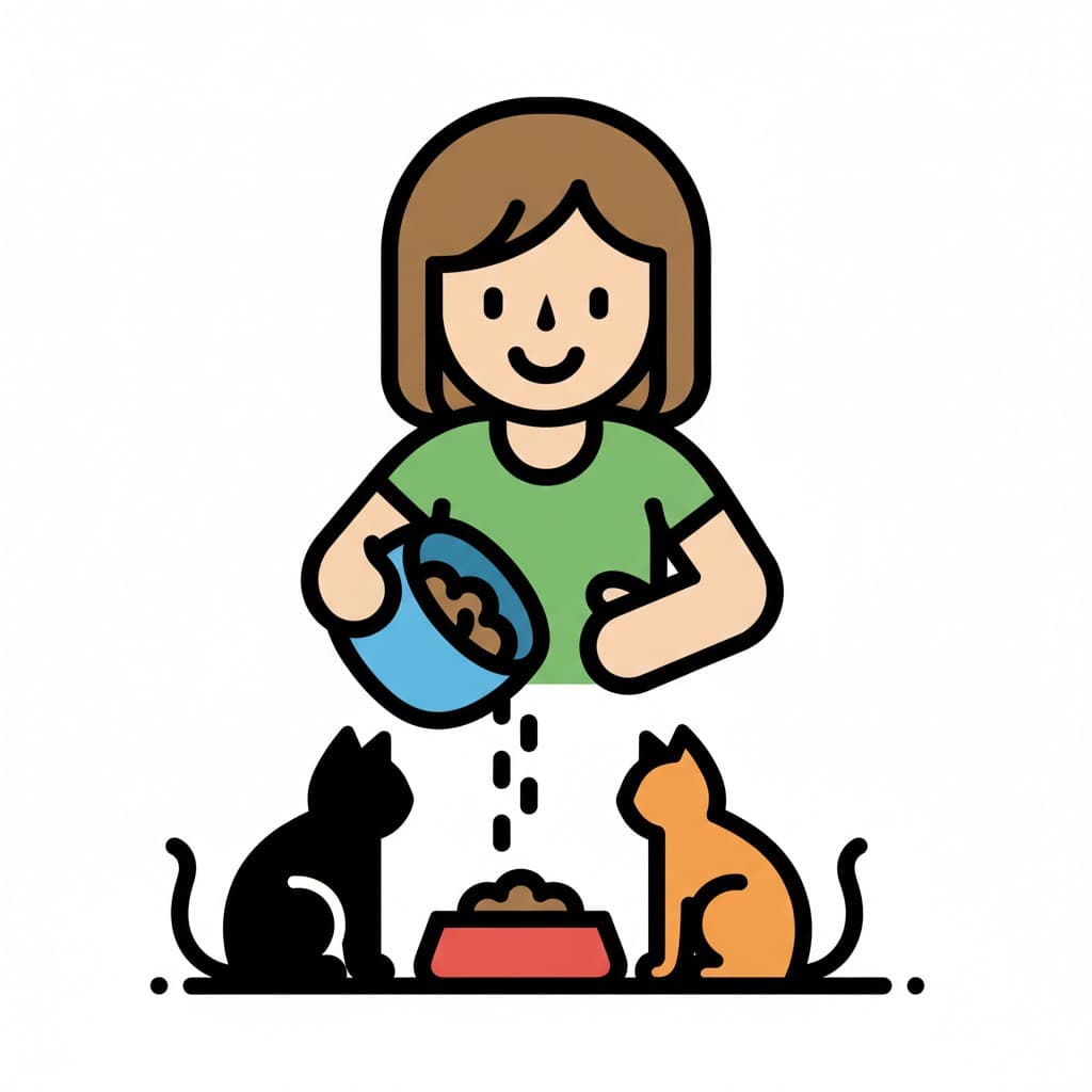 A girl in a green t-shirt pours cat food from a blue bowl into a red dish, with a black cat and an orange cat waiting beside it.