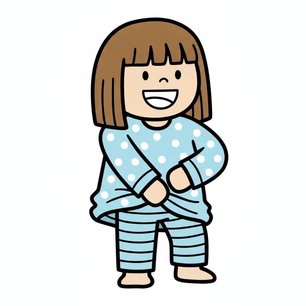 En skrattande flicka drar ner en ljusblå prickig pyjamaströja över randiga pyjamasbyxor.