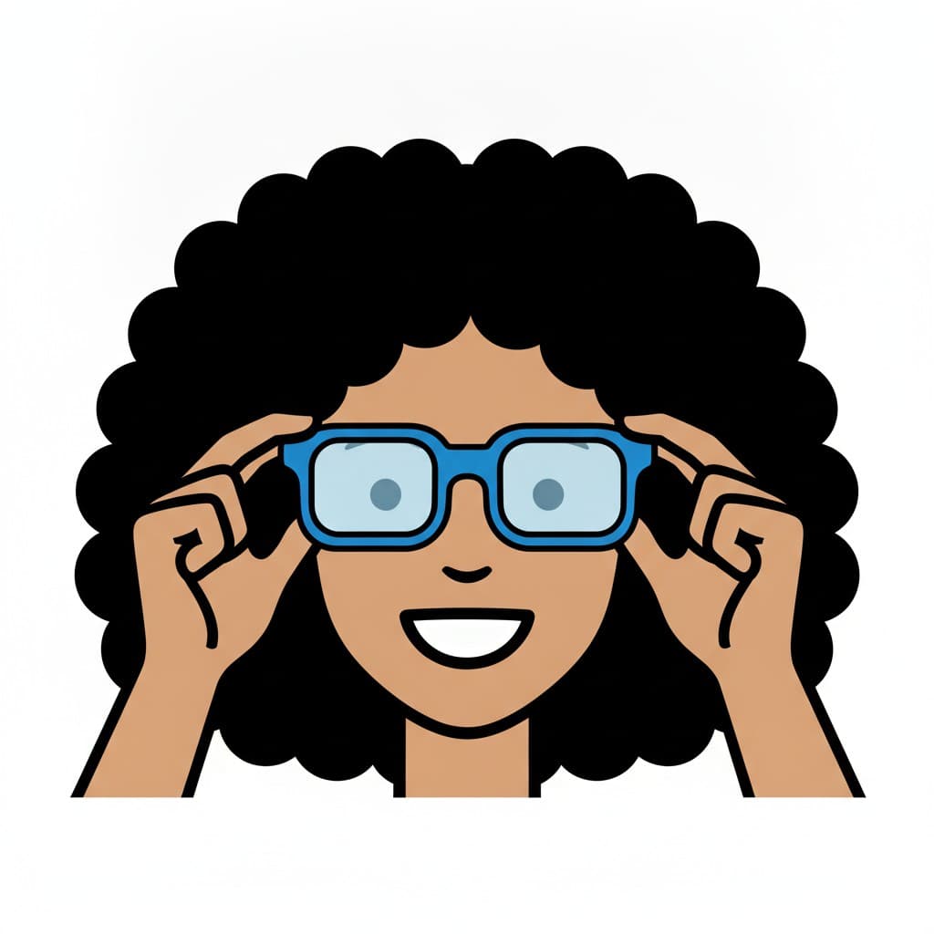 A laughing girl with big curly hair settles a pair of blue-framed glasses into place with both hands.