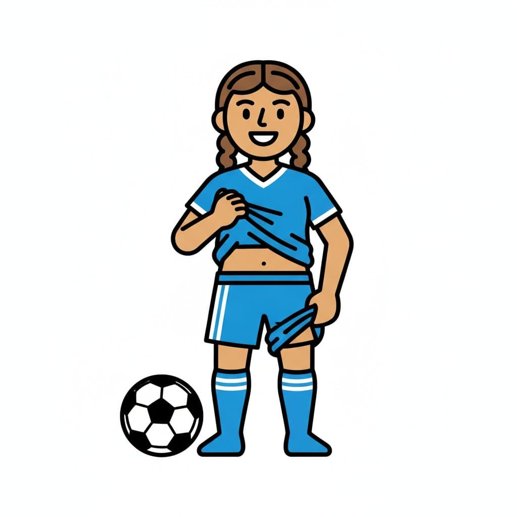 En flicka drar på sig sin blå fotbollströja bredvid en fotboll.