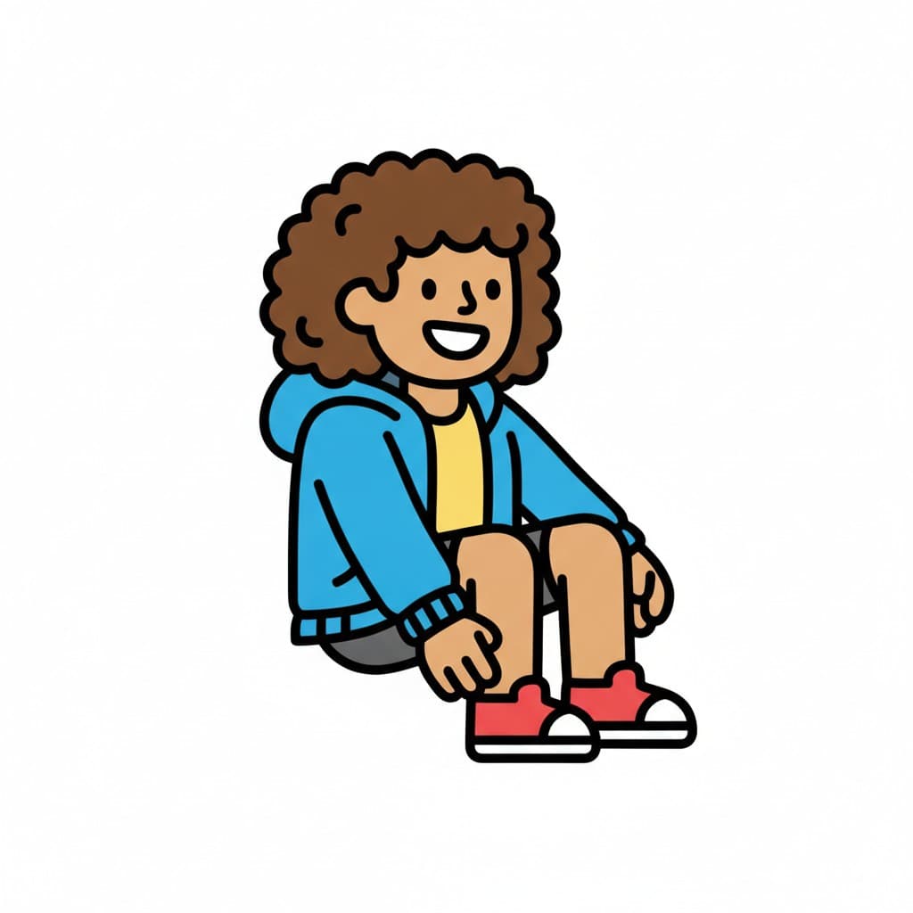 A girl in a blue jacket sits down to put on her red shoes.