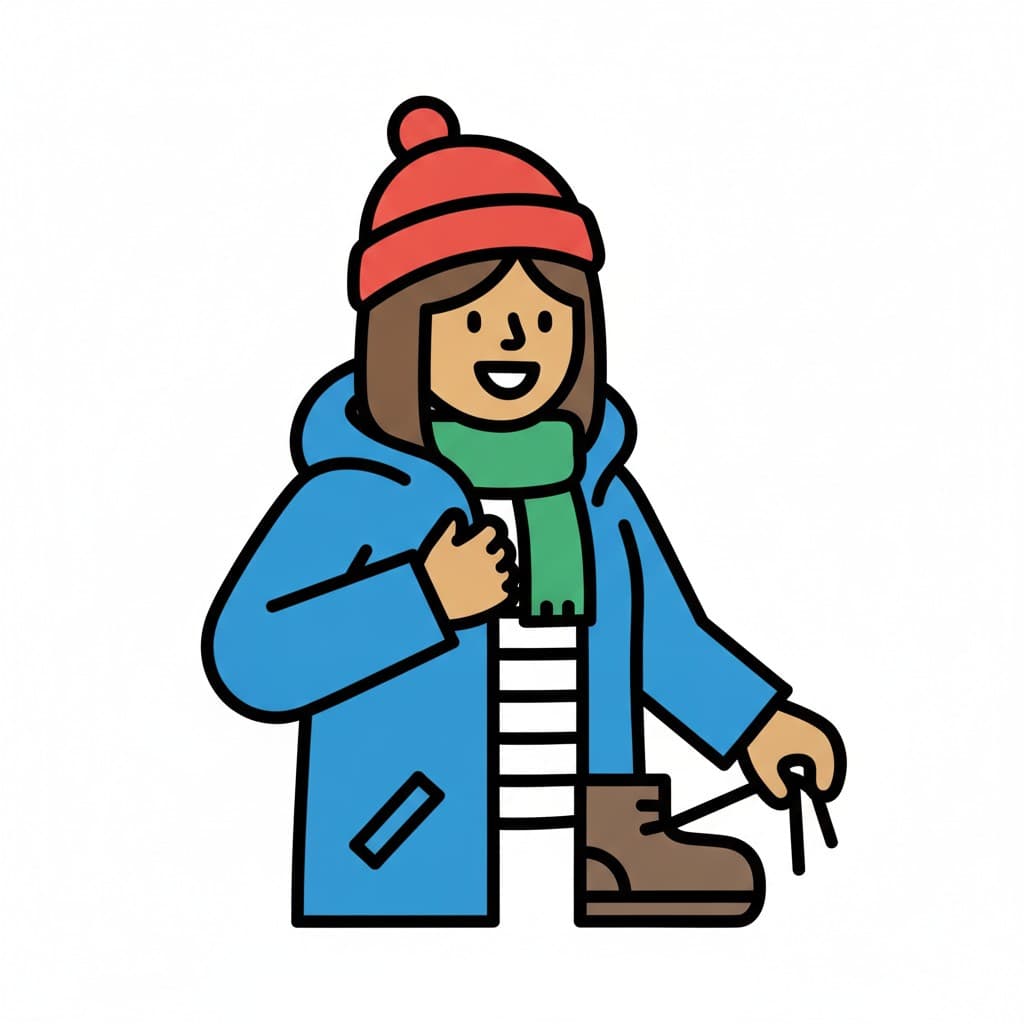 A girl in a blue winter coat, red beanie and green scarf is putting on brown boots.