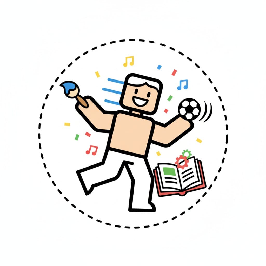 Inside a dashed circle a girl runs along holding a paintbrush in one hand and a football in the other, with music notes, confetti and an open book around her.