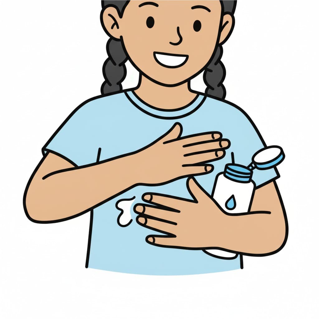 A girl with braids rubs a blob of lotion between her hands while tucking the bottle against her arm.