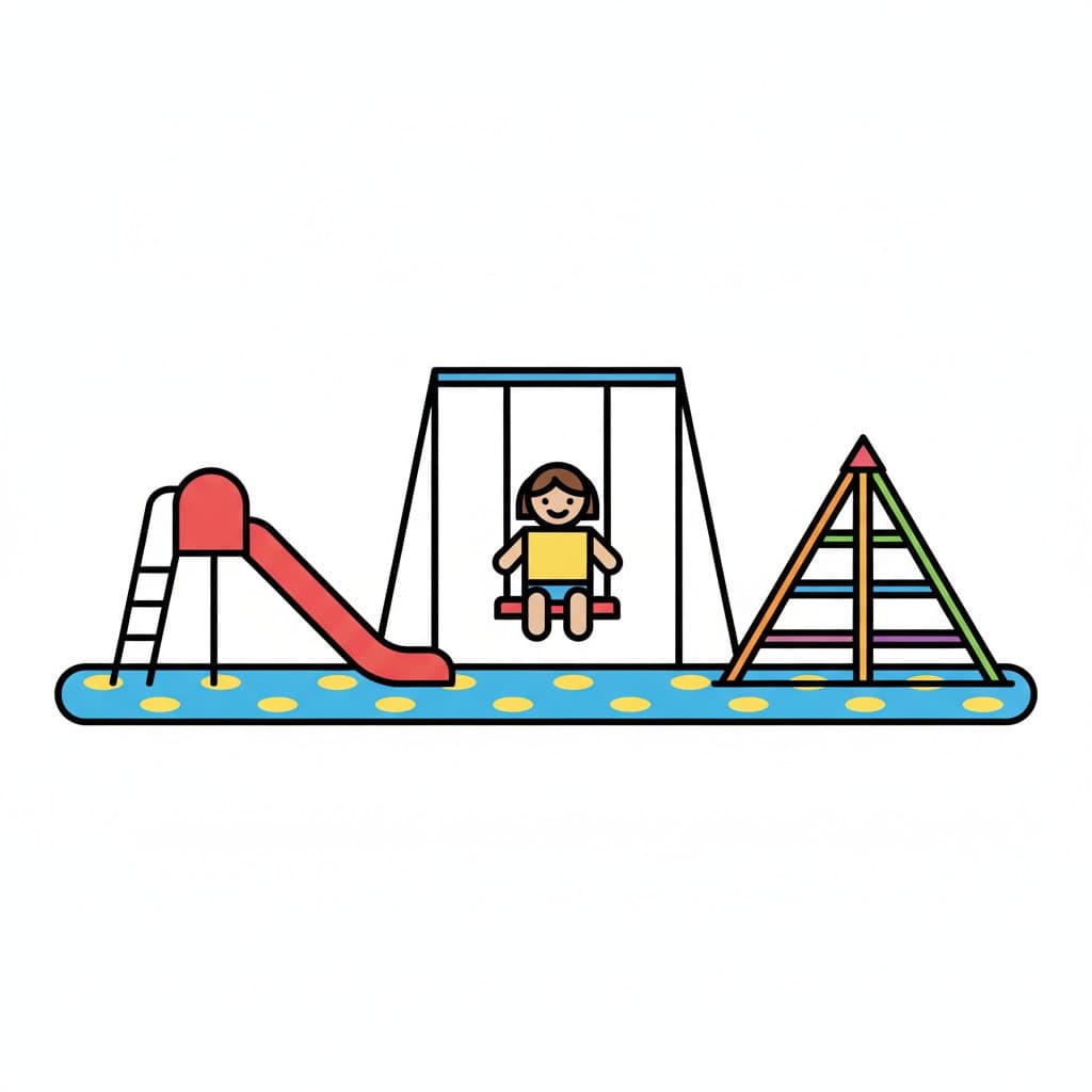 A girl sits on a swing between a red slide and a climbing frame.