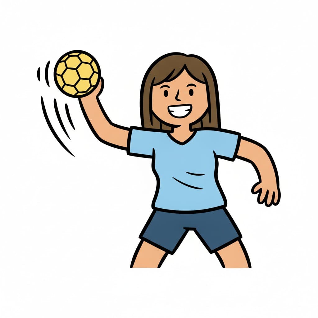 Ein Mädchen in hellblauem Shirt und dunkler Hose wirft einen gelben Handball mit Schwung.