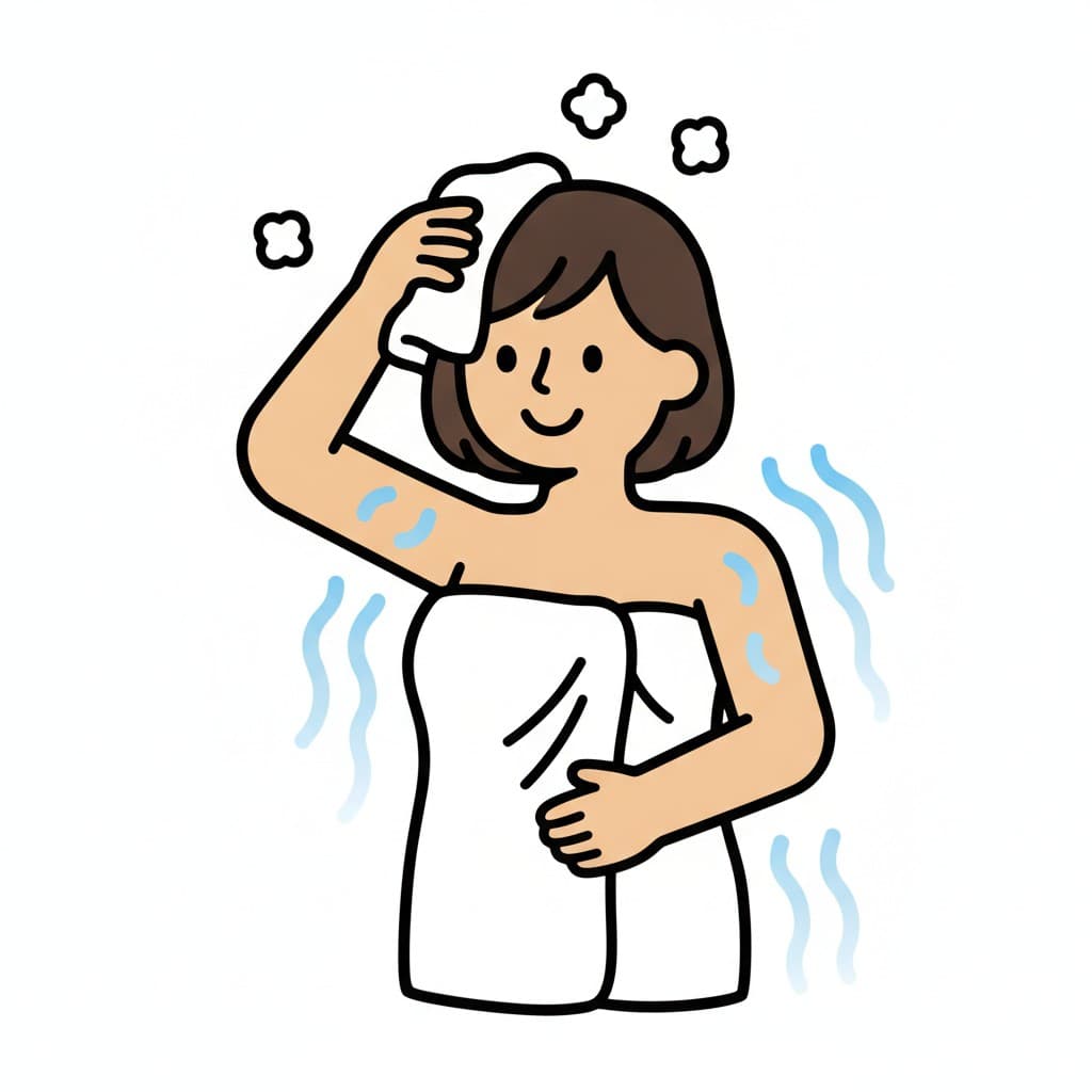 A girl wrapped in a towel dries her hair with a small towel after the shower.