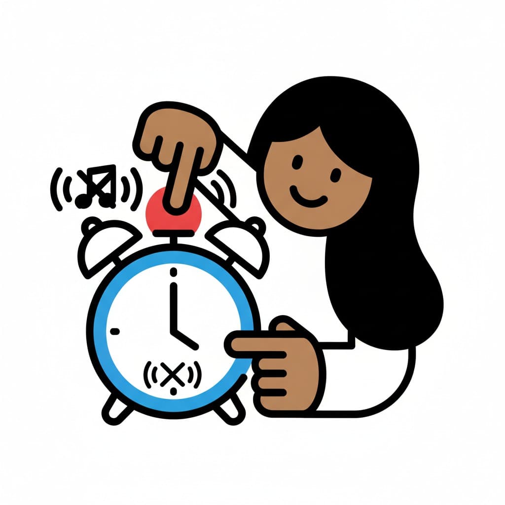 A girl presses the button on top of a ringing blue alarm clock to turn off the sound.