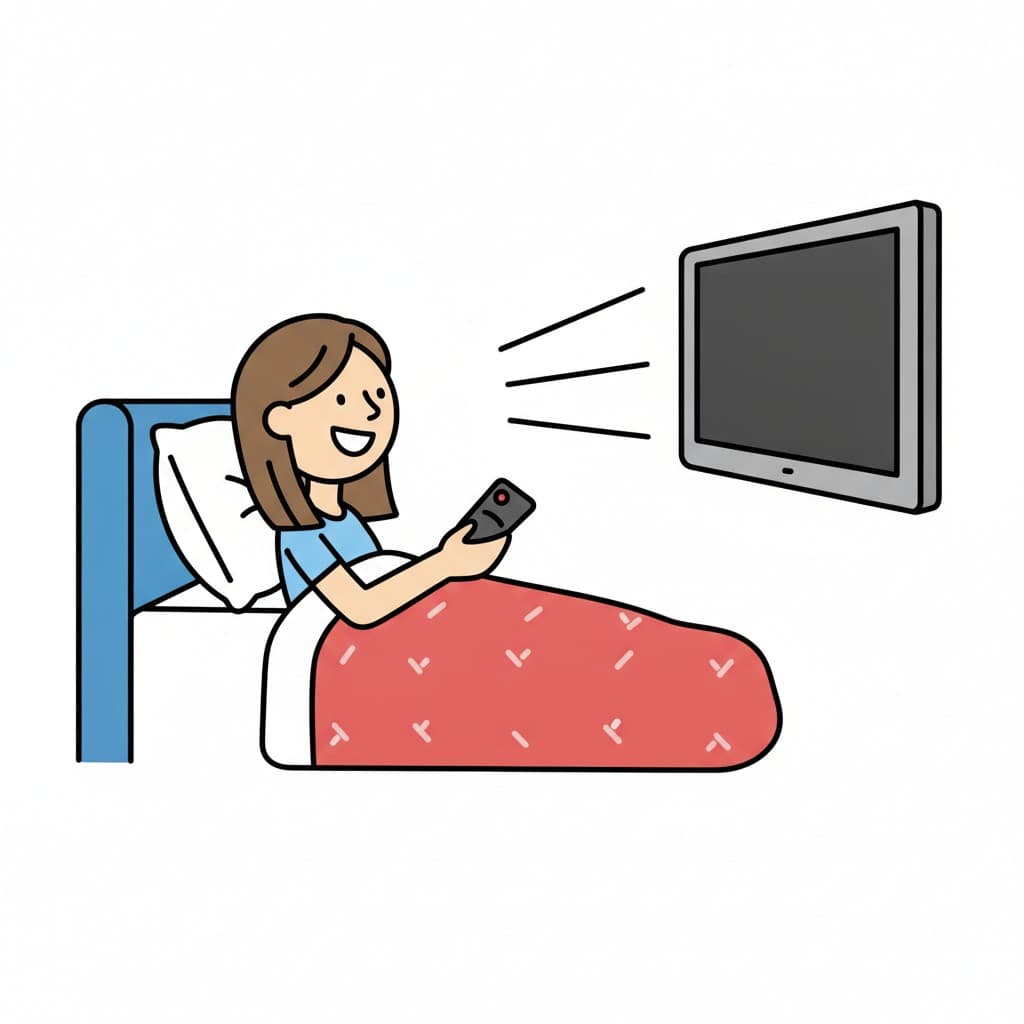 A girl under the duvet points a remote at the television on the wall.
