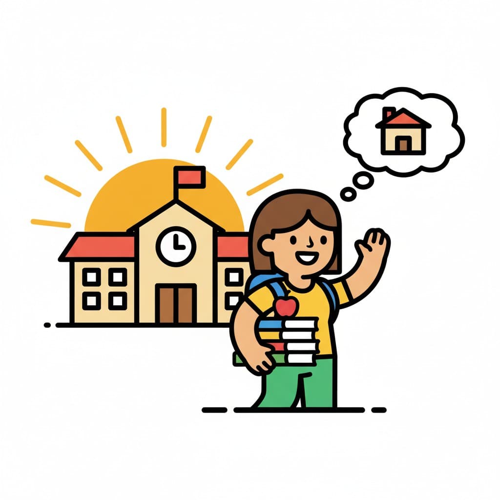 A girl with a backpack waves outside a school building with a clock, carrying a stack of books topped with a red apple while a thought bubble shows a house.