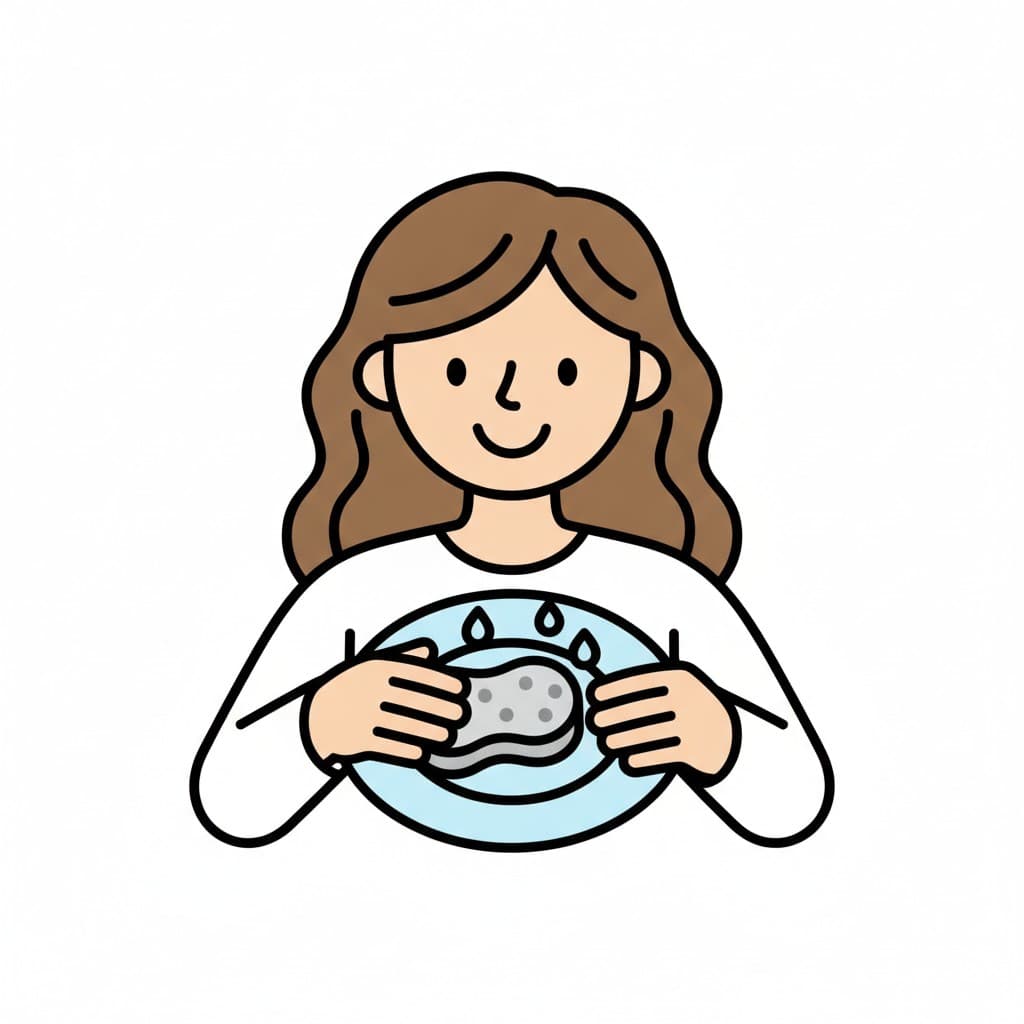 Holding a light blue plate, a girl scrubs it clean with a sponge while drops of water rise above it.