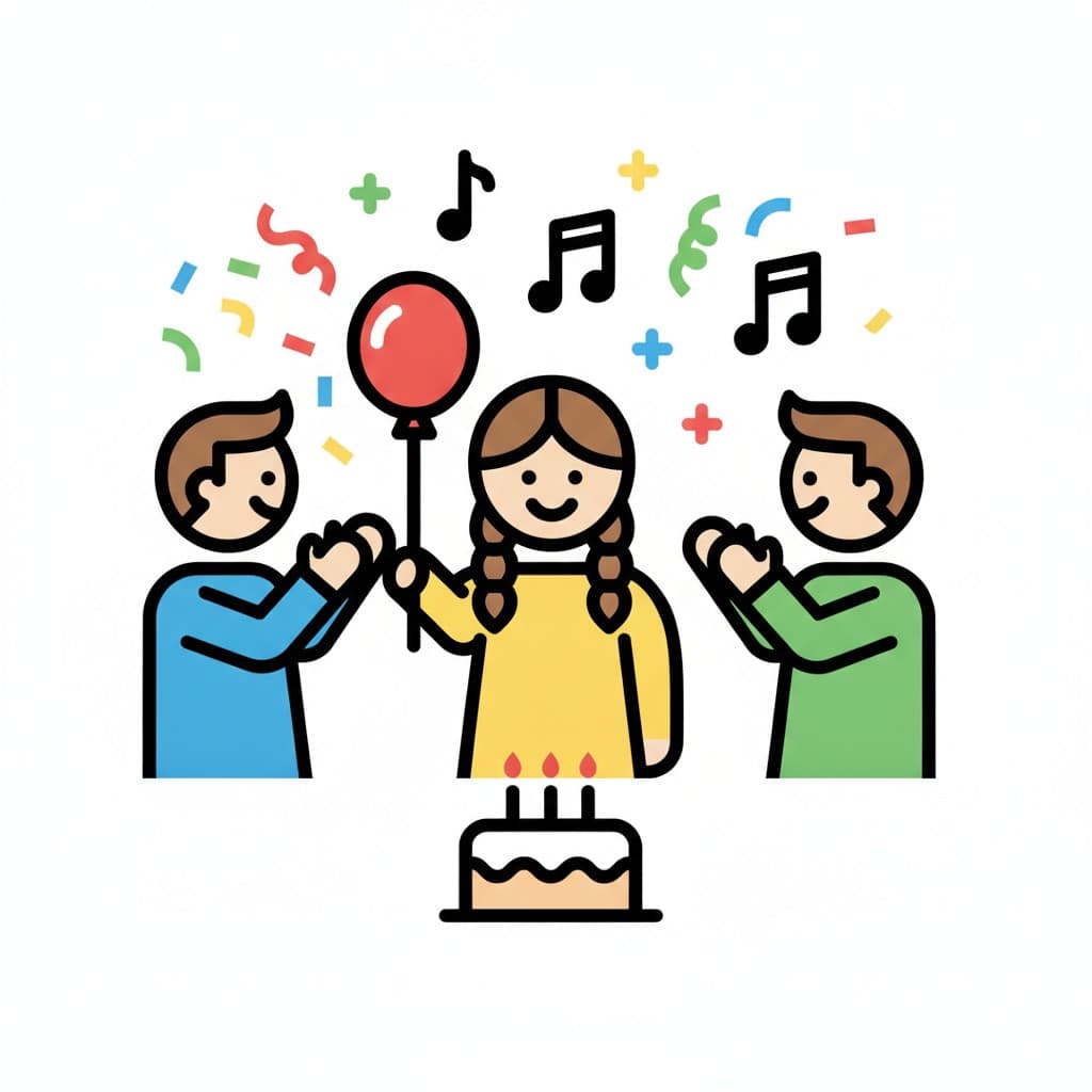 A girl holds a balloon while two friends clap their hands next to a cake with candles.