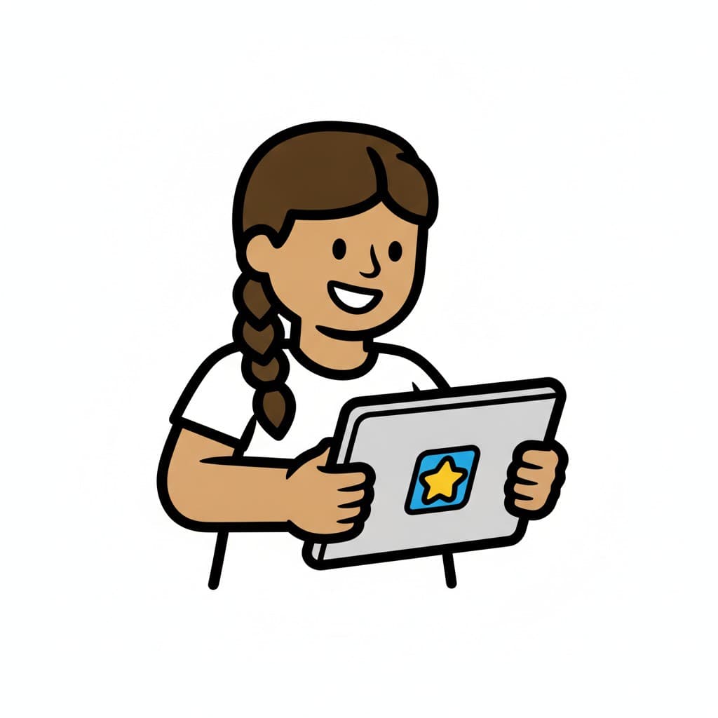 A girl with a braid sits at a table and holds a tablet showing a yellow star.