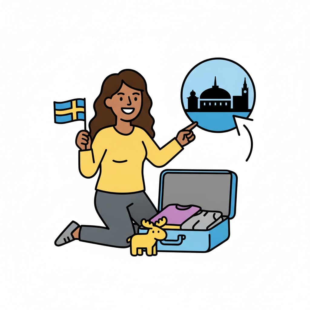 Pigen holder et svensk flag og peger mod Stockholms silhuet ved den pakkede kuffert.