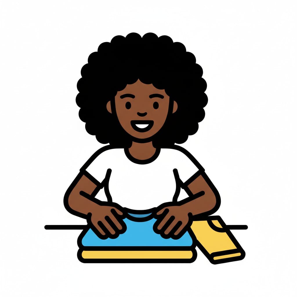 A girl with curly hair smooths a folded blue top resting on a yellow one, with another yellow garment folded beside it.