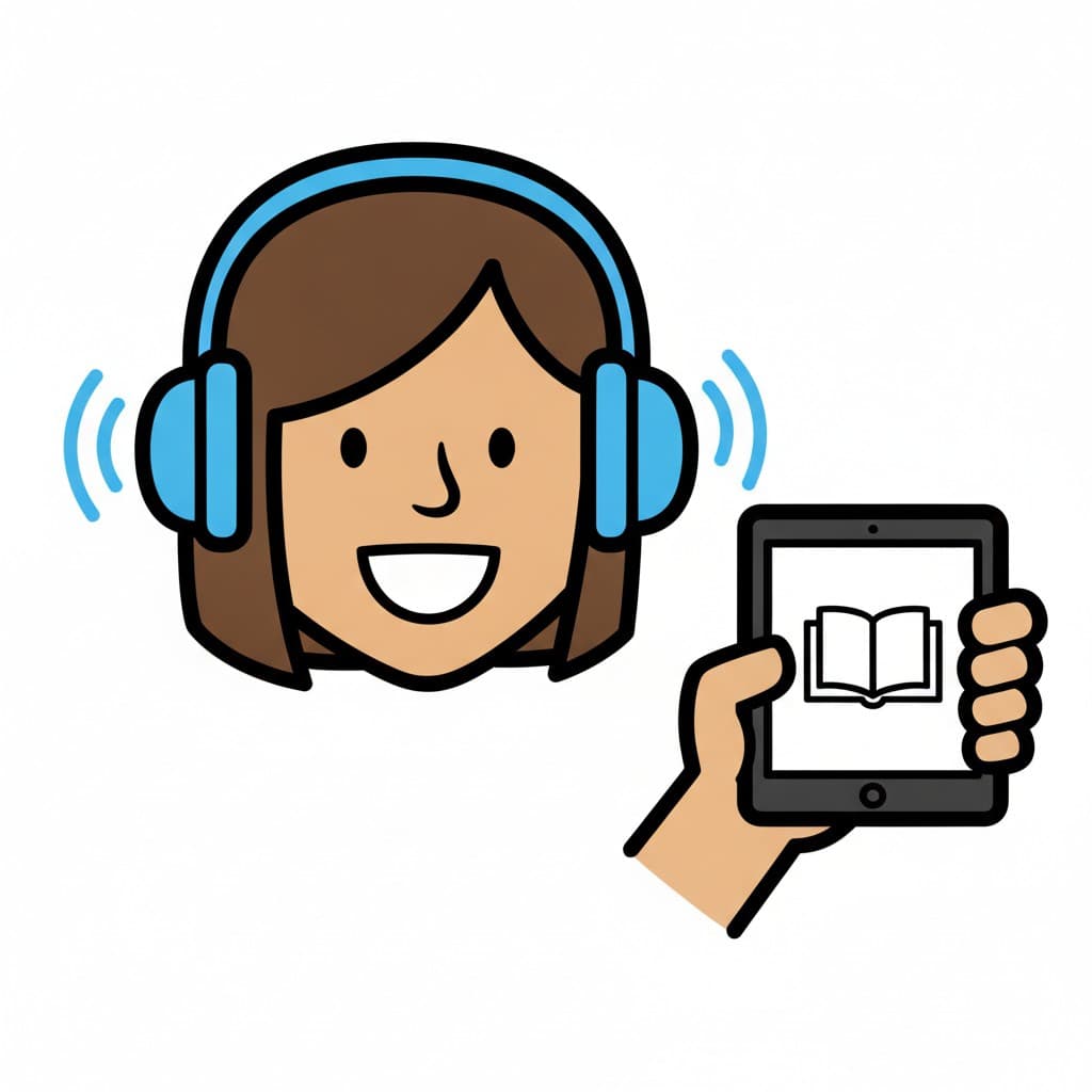 A girl wearing headphones smiles and holds a tablet showing a book.