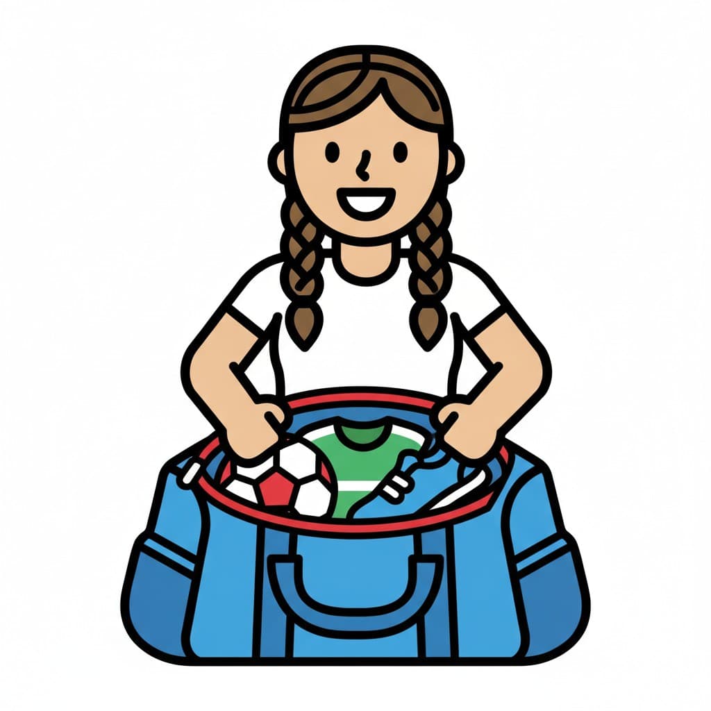 A girl with braids holds open a blue sports bag packed with a football, a jersey and a shoe.
