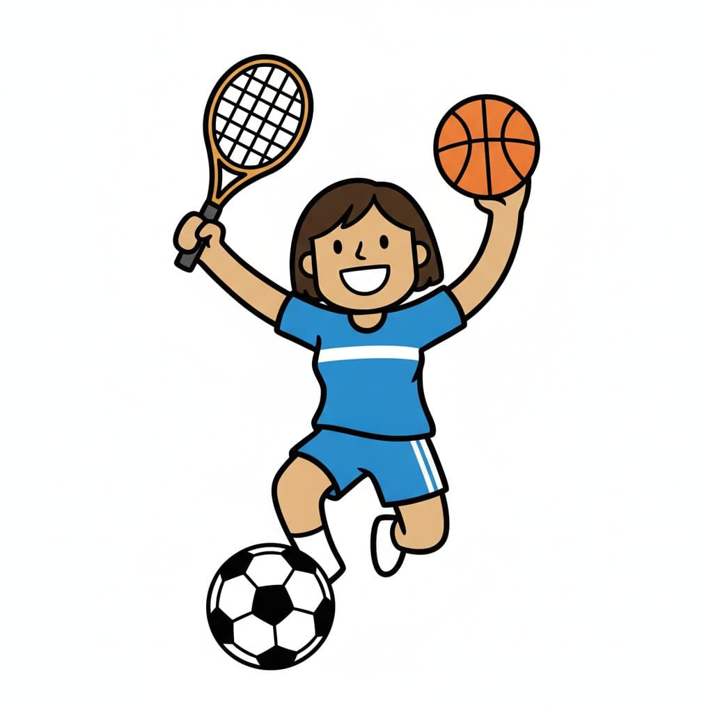 En pige i sportstøj holder en ketsjer og en basketbold med en fodbold ved fødderne.