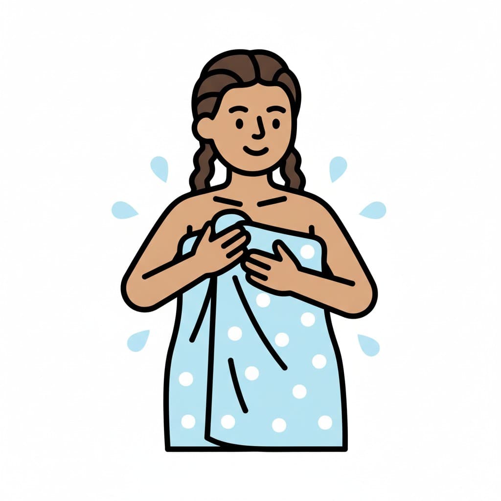 A girl stands wrapped in a dotted towel and dries her body after the shower.