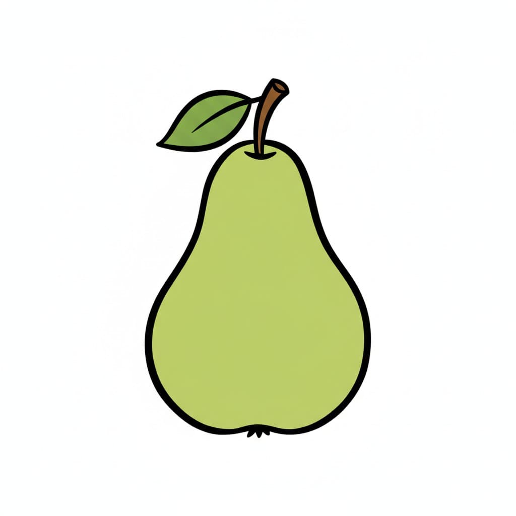 Ett grönt päron med ett blad.