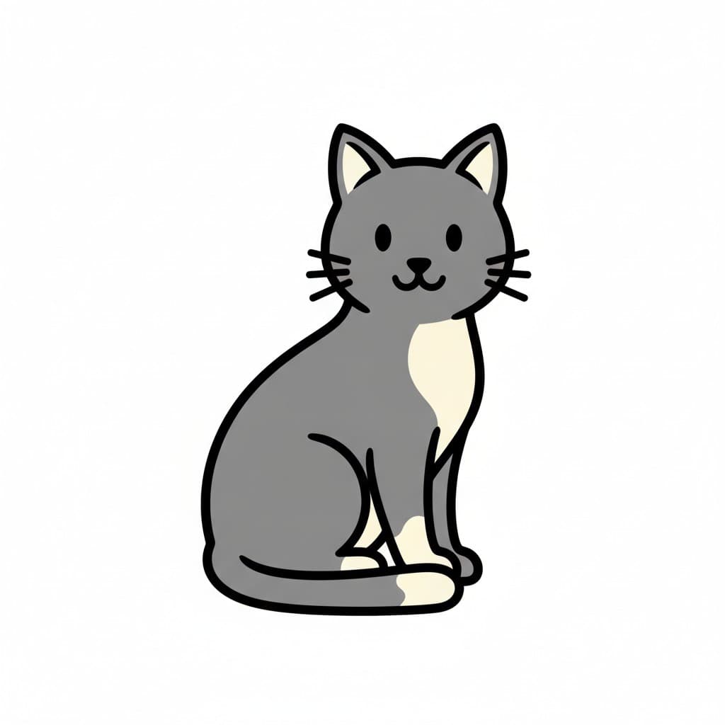 A grey cartoon cat with a cream chest sits upright with its tail curled in front of its paws.
